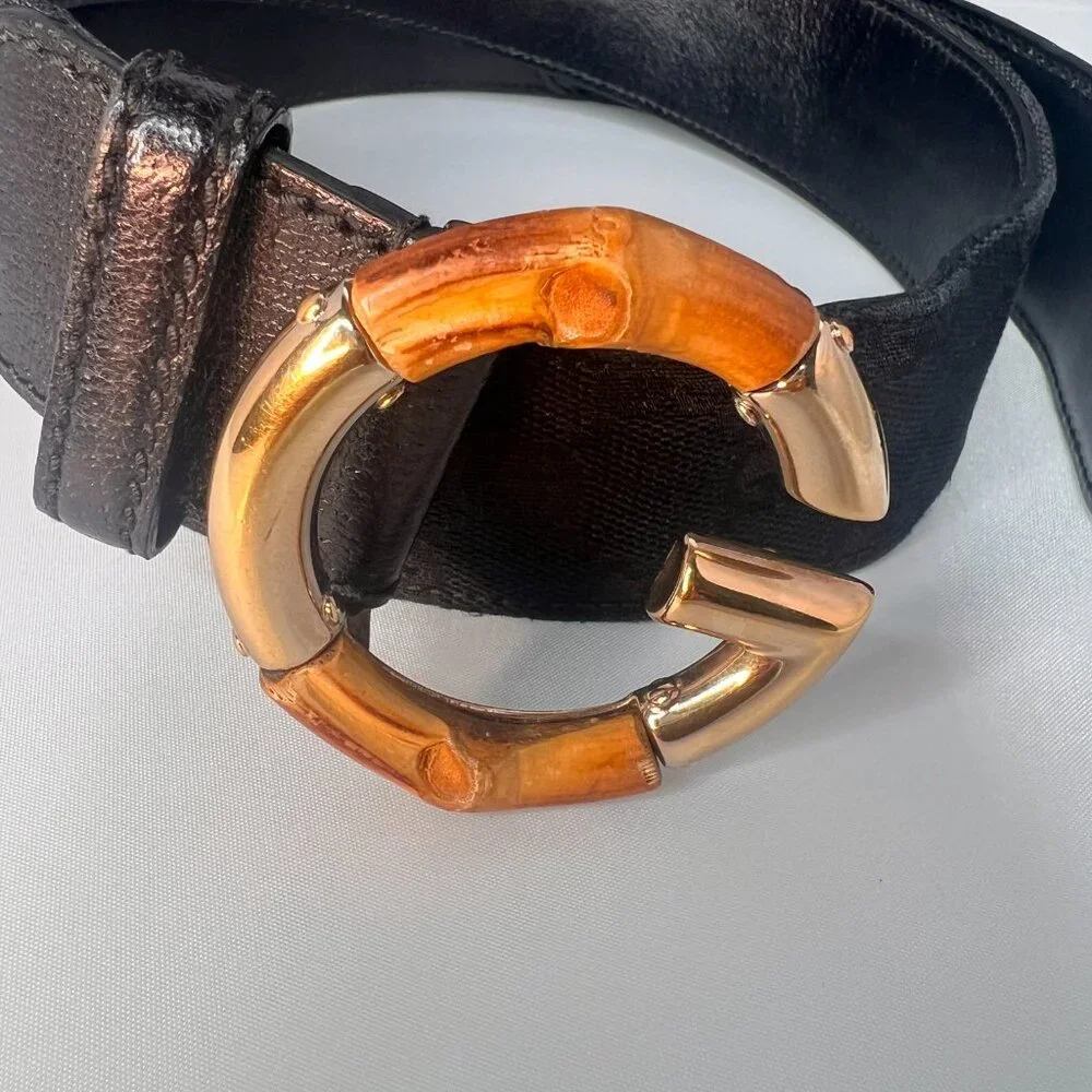 GUCCI Belt Canvas and Leather Bamboo G Buckle 37 inches black - Picture 5 of 7